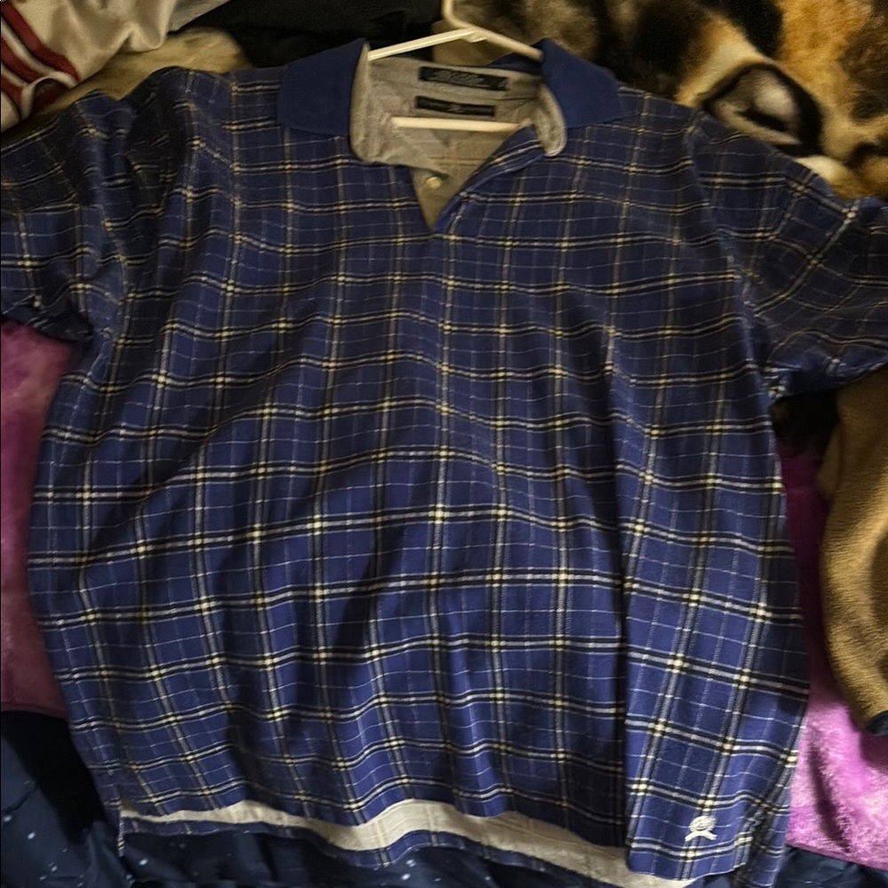 Tommy Hilfiger Blue and Beige Plaid Polo Shirt